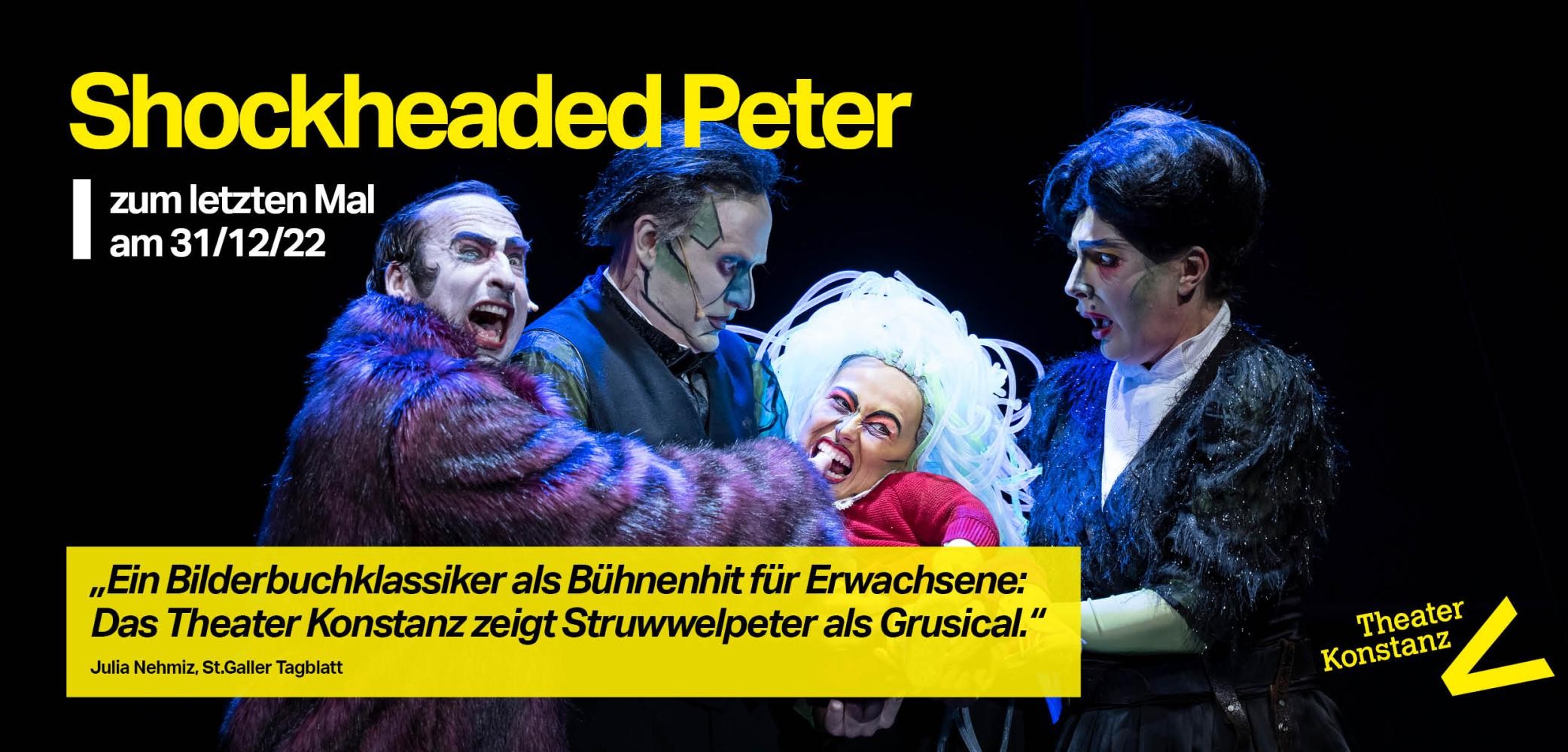 Theater Konstanz - Shockheaded Peter "Dies ist kein Kindergeburtstag". Eine verrostete, weit geöffnete Schere auf rotem Hintergrund. Beschreibung: Shockheaded Peter. Junk-Oper von den Tiger Lillies, Phelim McDermott & Julian Crouch. Ab 25/11/22. Stadttheater. Ab 14 Jahren. n